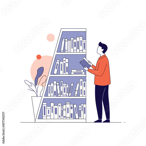 Man reading book in front of bookshelf with plants and abstract shapes