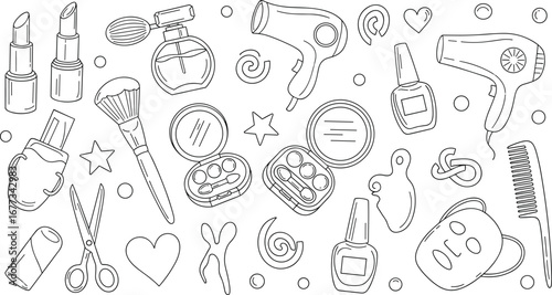 Cosmetics and beauty accessories line art. Makeup items, hair tools, self-care, beauty products, minimalist, doodle, icons, design elements.
