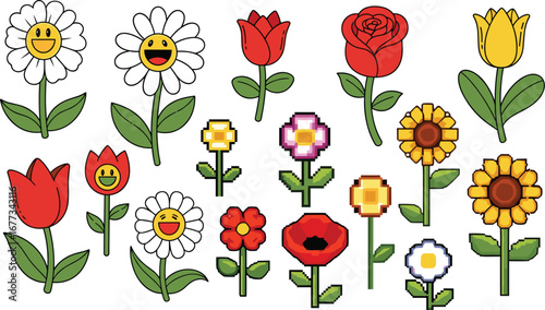 Assortment of flowers with smiley faces, blooms, and pixelated flowers. Gardening, floral, botanical, springtime, positive, cute, nature, collection
