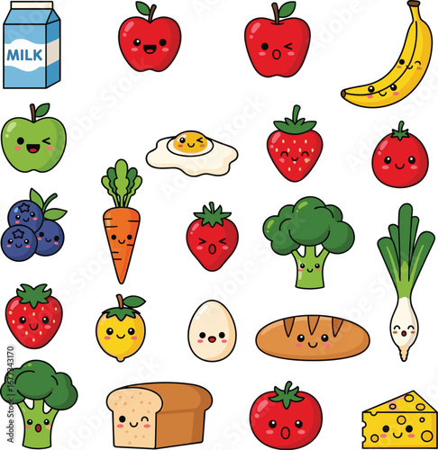 Cute kawaii foods with happy faces are together. Healthy eating, nutrition, balanced diet, fresh, breakfast, lunch, dinner, ingredients, vector