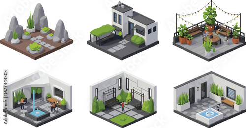 Isometric rooms depict leisure, work, and nature. Architecture visualization, design, model, interior, lifestyle, rendering, zen, relaxation, garden.
