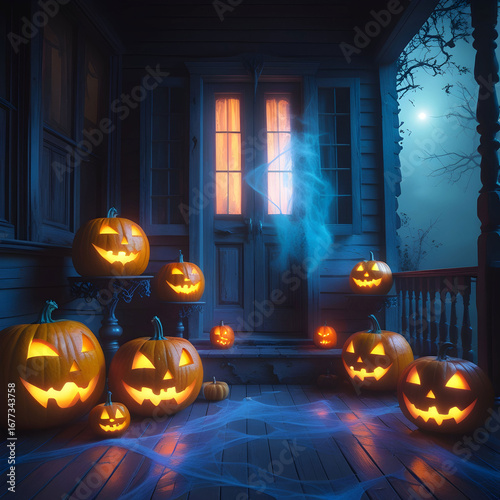 Eerie Halloween Porch: Jack-o'-Lanterns & Spooky Night Scene
