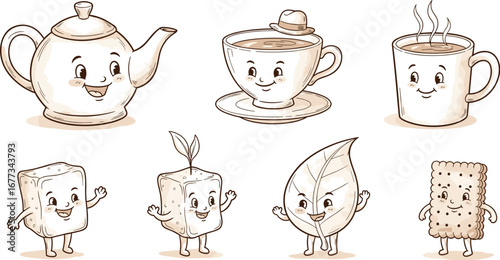 Cartoon tea party set with characters like teapot and sugar. Funny drinks and snacks concept, cute, food, happy, design.