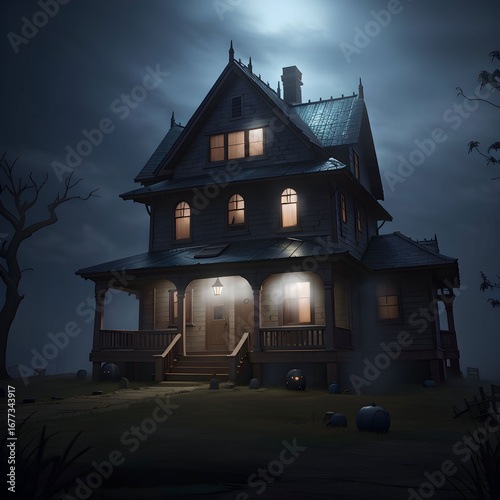 Spooky Victorian House: Halloween Night Scene - Digital Painting