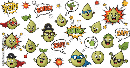 Seed cartoons in pop art comic style. Comic, seed, plant, character, cartoon, animation, funny, cute, illustration, graphic, isolated, art, vector, sticker.