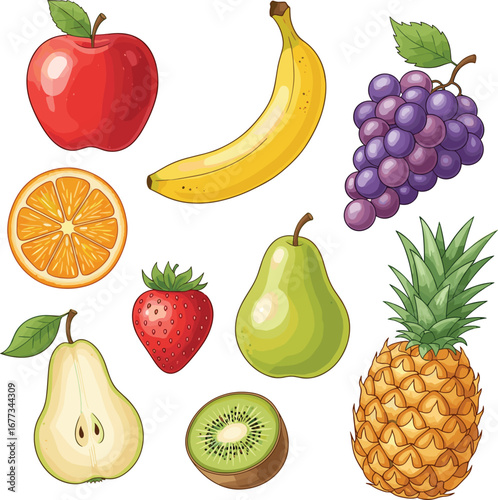Fresh fruits still life: apple, banana, grapes, orange, strawberry, and more. Healthy eating, vitamins, nutrition, variety.