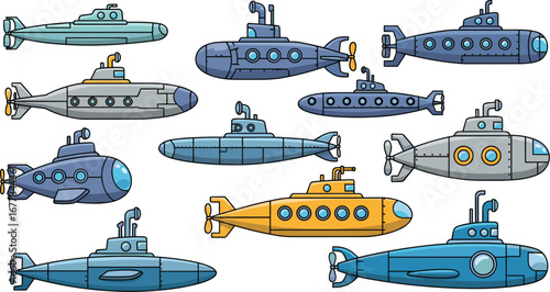 Cartoon submarines collection illustration. Underwater vessels, transportation, marine, nautical, adventure, sea, ocean, watercraft, oceanography, stylized.