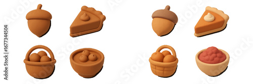 Colorful clay food items represent autumn harvest, including acorns and fruit baskets displayed on a simple background