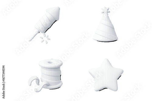 Decorative white symbols of celebration including a firecracker, party hat, spool of thread, and star on white background