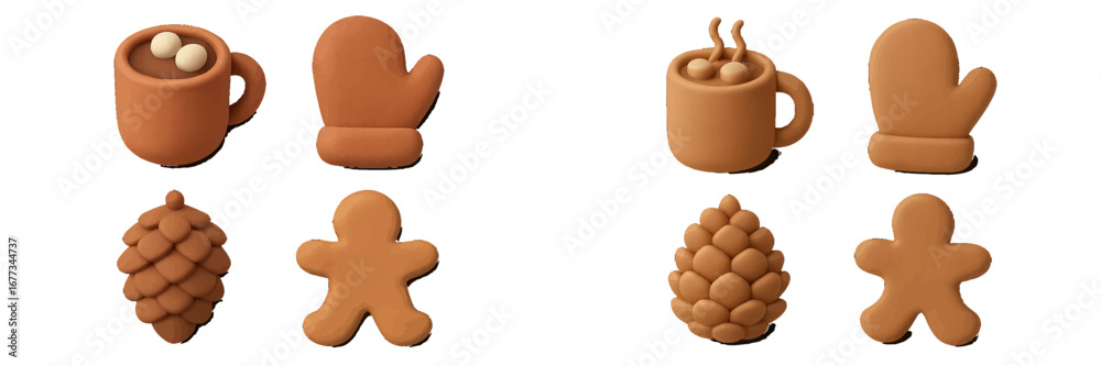 Fototapeta premium Cute terracotta-themed holiday decorations include mittens, mugs, gingerbread figures, and pine cones for festive cheer