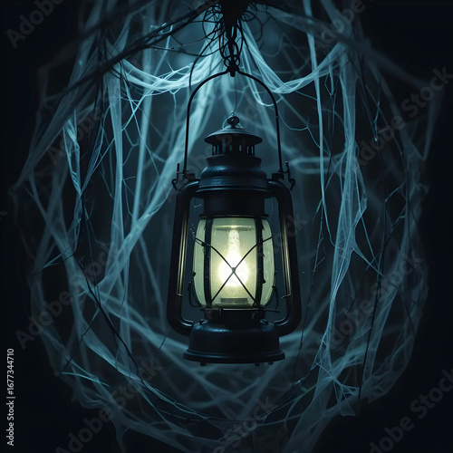 Spooky Lantern: Halloween Decoration, Glowing Light in Cobweb, Mysterious Atmosphere, Dark Background