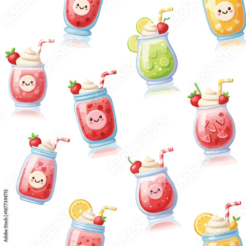 Cute cartoon smoothies are scattered in a pattern. Refreshment, kawaii, sweet, dessert, drink, summer, vibrant, colorful, fun, cheerful, juicy, trendy, adorable.