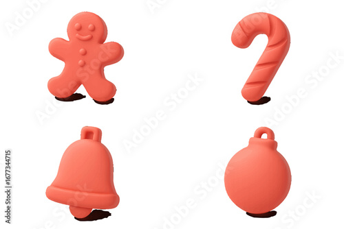 Festive silicone decorations showcasing a gingerbread man, candy cane, bell, and ornament for holiday celebrations in a home setting