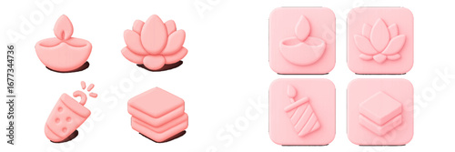 Colorful collection of decorative elements in soft pink shades featuring lotus flowers, candles, and layered treats
