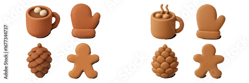 Cute terracotta-themed holiday decorations include mittens, mugs, gingerbread figures, and pine cones for festive cheer