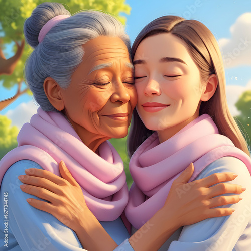 Generational Love: A Tender Embrace of Grandmother and Granddaughter