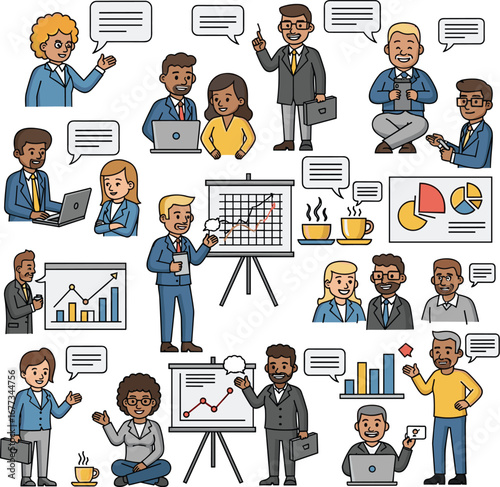 People present charts, discuss business. Business people give presentations, charts, teamwork, success, meeting, leadership, communication, corporate, growth, strategy.