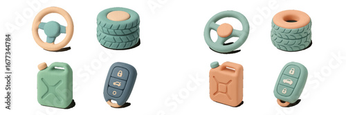 Colorful collection of clay car accessories including tires, steering wheels, and key fobs displayed on a white background