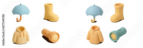 Colorful playful rain gear toys arranged for imaginative outdoor activities and adventures