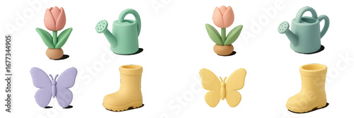 Colorful gardening toys including flowers, watering can, and rubber boots arranged on a white background
