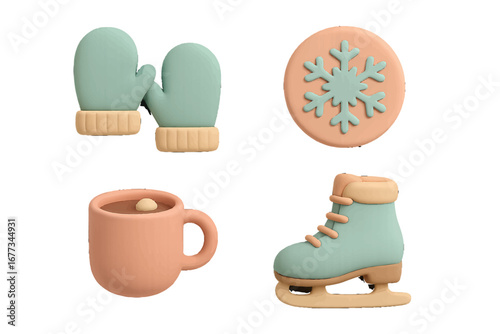 Winter themed cookie decorations featuring mittens, snowflakes, mugs, and ice skates for holiday festivities