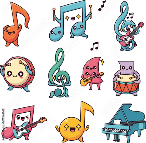 Cartoon music notes playing instruments. Musical characters, cartoon instruments, animation, melody, cute, musicality, creativity, art, fun, melody, kids