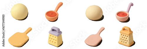 Colorful play kitchen utensils and dough balls displayed on a white surface for creative children?s cooking activities