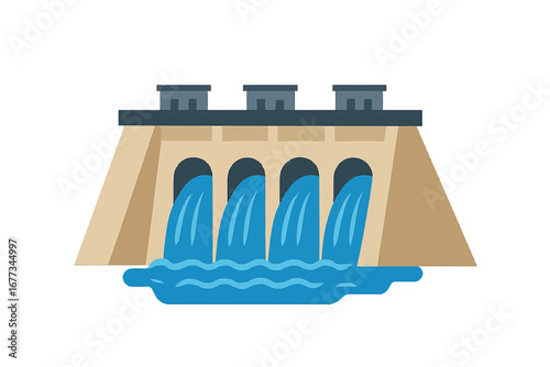 Hydroelectric dam with flowing water on a sunny day in a peaceful landscape