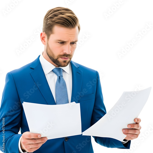Serious businessman in blue suit reviewing documents with a concerned expression against a white background