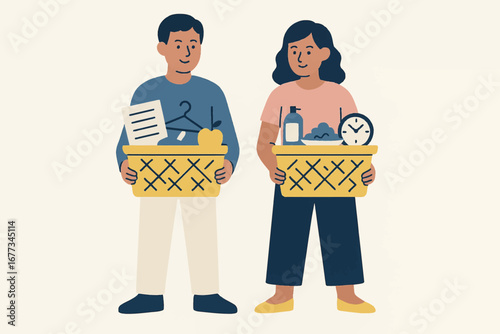 Couple organizing household chores and items in a cheerful indoor setting