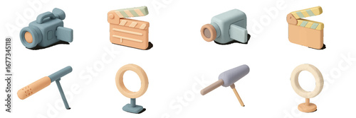 Colorful film production tools arranged on a clean surface showcasing creativity and design aesthetics in a studio environment
