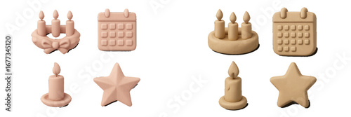 Decorative clay elements featuring candles, stars, and a calendar for celebrations and events