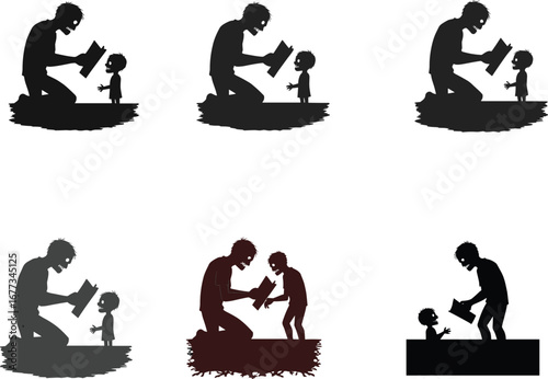 Zombie reading book to child, dark horror silhouette, eerie undead family moment, spooky storytelling, creepy supernatural bond, gothic scene illustration