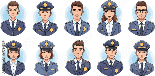 Police officers in uniform pose. Law enforcement officials, police force, public safety, community service, cartoon characters, diverse group, police, security.