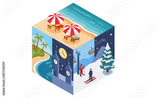 Experience all four seasons in one place with this fun isometric cube design for travel promotions