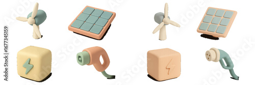 Colorful clay models representing renewable energy concepts displayed on a simple white background