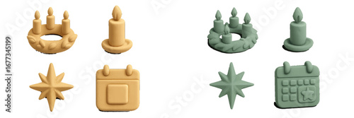 Creative holiday-themed candles and decorative ornaments arranged on a white background for festive celebrations and gatherings