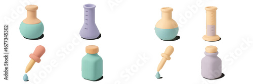 Colorful scientific glassware and dropper toys arranged on a white background for imaginative play and learning