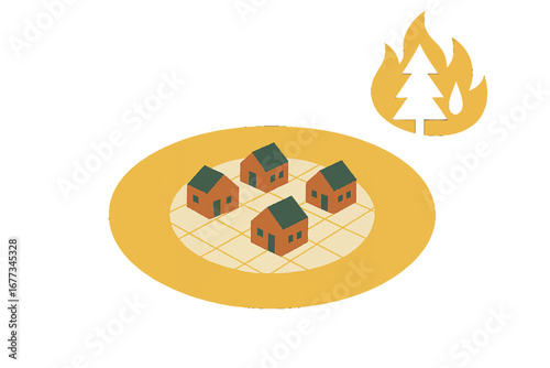 Visual representation of wildfire risk assessment in a suburban area with homes and surrounding vegetation