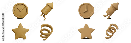 Creative and playful design elements featuring clocks, stars, and fireworks in a simple style for various uses