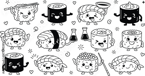 Cute sushi characters with happy expressions. Asian cuisine, food, kawaii, cartoon, restaurant, meal, japan, sushi art, sticker