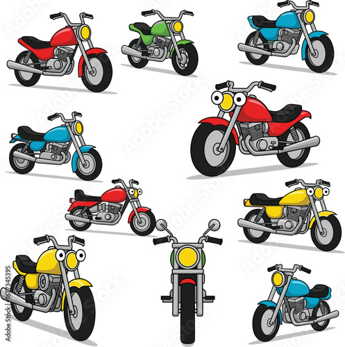 Cartoon motorcycles in various colors shown. Cute vehicles, graphic design, fun transportation, motorcycles, bright illustration, colorful, childish