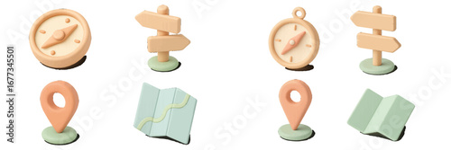 Decorative navigation tools including compass and map pointers arranged creatively on a light surface for travel enthusiasts