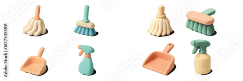Colorful cleaning tools arranged on a white background for tidying up spaces at home or office