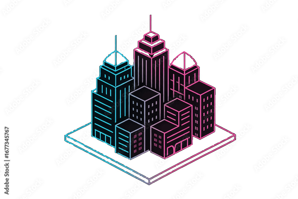 Fototapeta premium City skyline illustration featuring modern buildings in a minimalist design with vibrant colors and geometric shapes