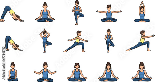People strike yoga poses for exercise. Wellness, health, fitness, workout, stretching, meditation, balance, flexibility.