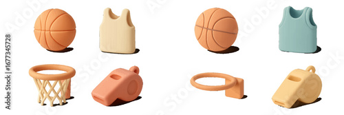 Playful collection of basketball themed toys in soft pastel colors with various accessories and equipment on display