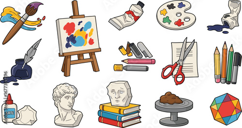Assortment of artist's tools, supplies for visual arts. Painting, drawing, crafting, creativity, inspiration, education, studio, art supplies, craft
