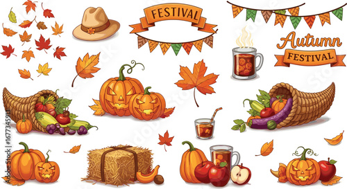 Autumn festival elements illustration: pumpkins, harvest, leaves, and drink. Fall, celebration, thanksgiving, season, festival.