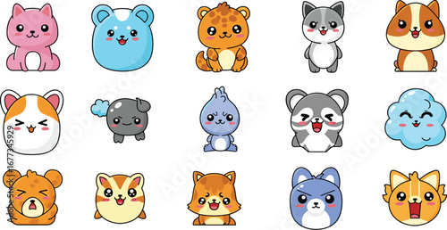 Kawaii animals illustration icons set. Cute adorable pets cartoon character drawing, happy, lovely.